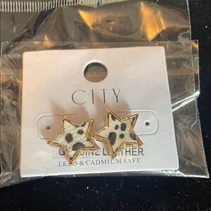 CITY Gold Star Leopard Print Leather Stud Earrings